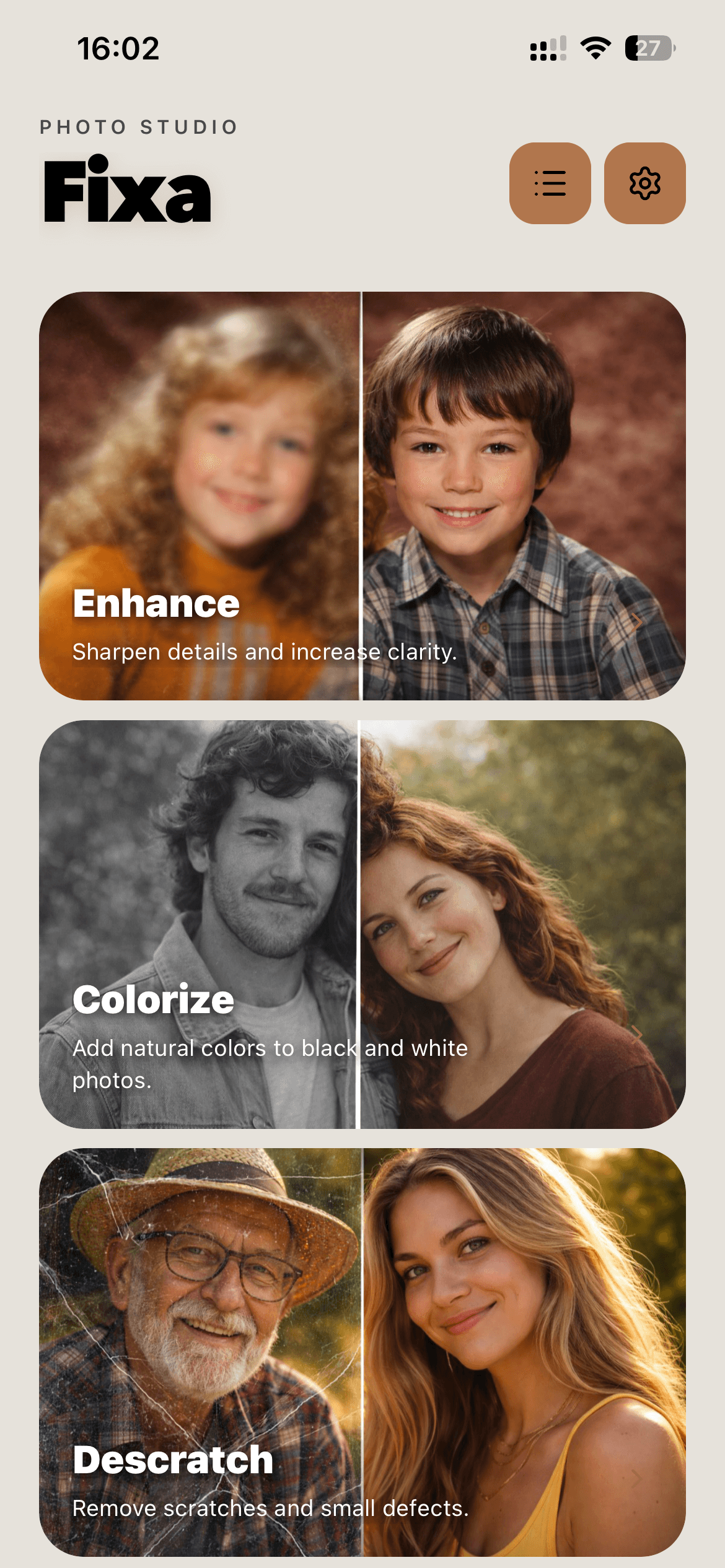 Fixa restoration workspace with old photo upload and enhancement tools